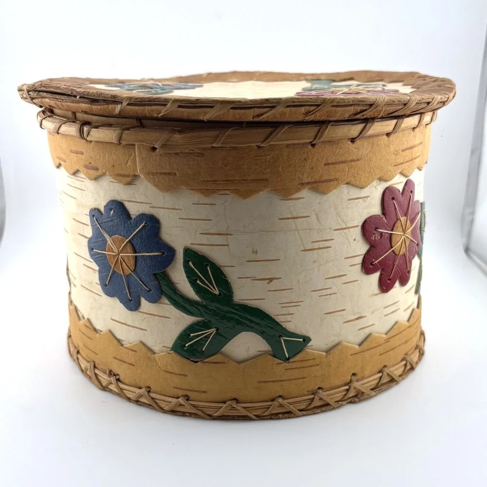Vintage Handcrafted Birch Bark Floral Applique Storage Box with Lid Rustic Folk